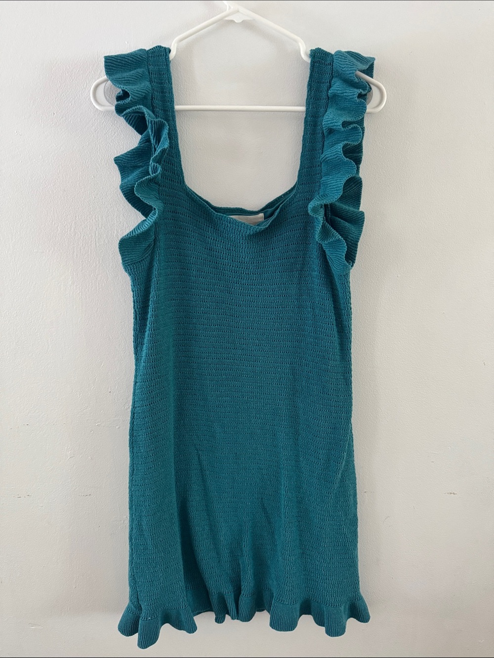 Anthropologie Teal Ruffled Pointelle Mini Dress Sz M